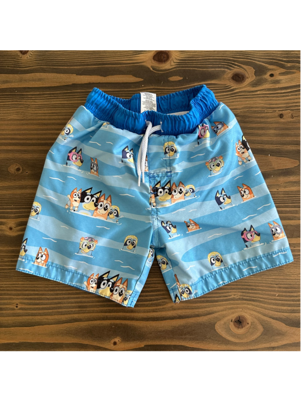 Bluey Swim Trunks Boys 3T Blue White Drawstring Lined Swim Shorts